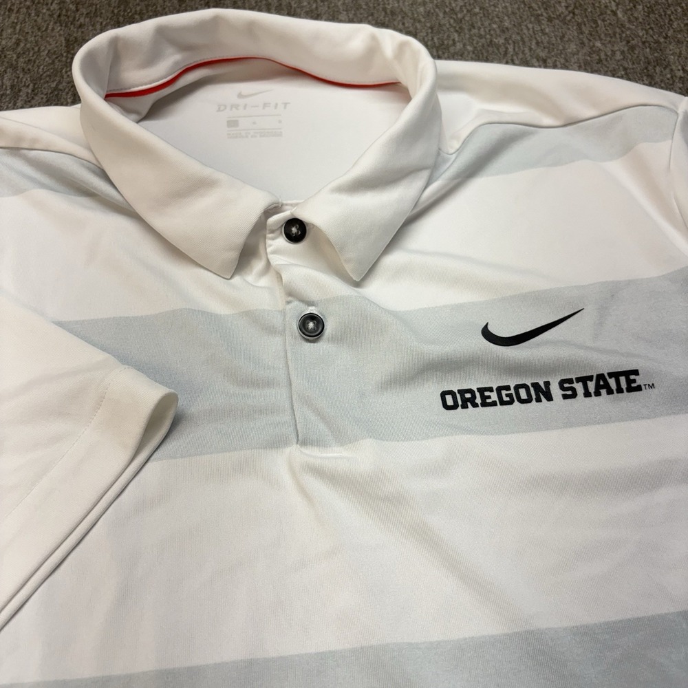 Oregon State Nike Polo Shirt Mens L Stretch White Grey Striped Dri-FIT 35882X